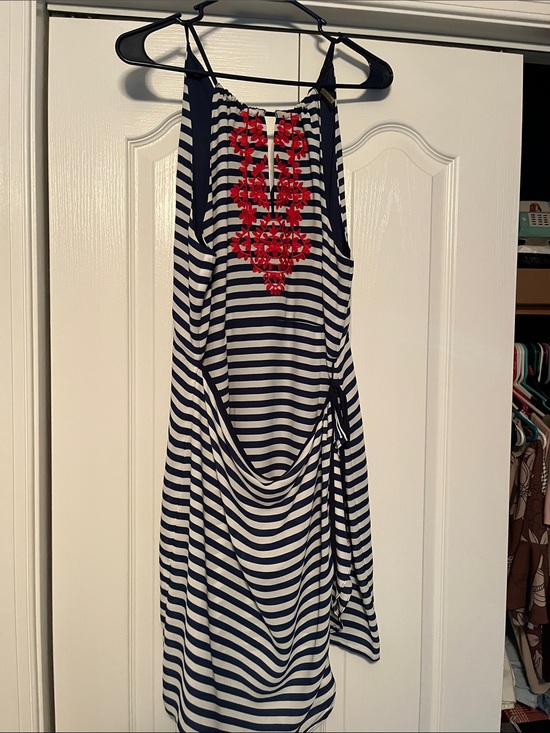 Thml Dresses & Skirts - THML Navy & White Striped Midi Dress with Red Embroidered Front